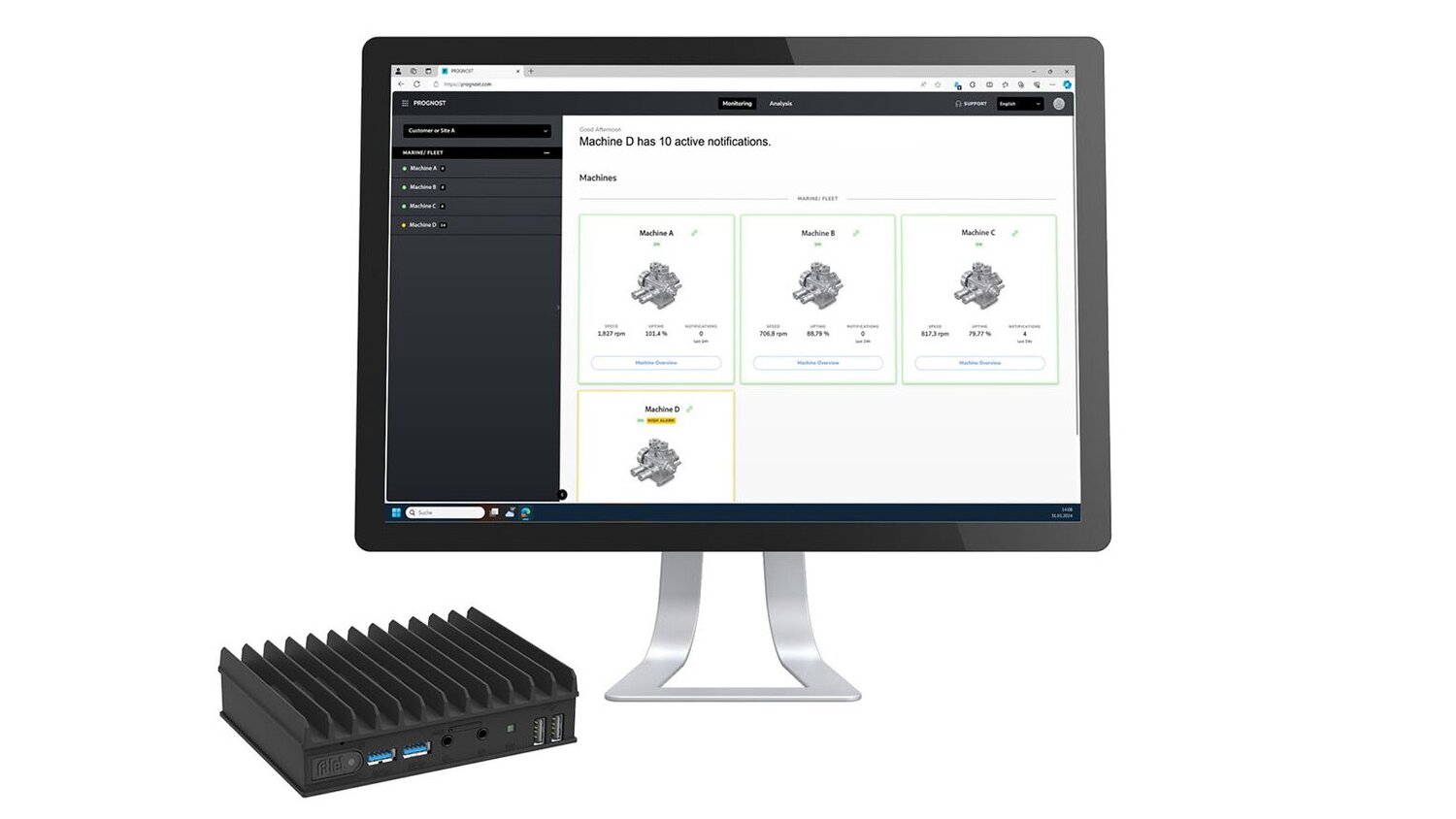 Up insight monitor screen UP! insight product image showing monitor with visualization software and Edge device