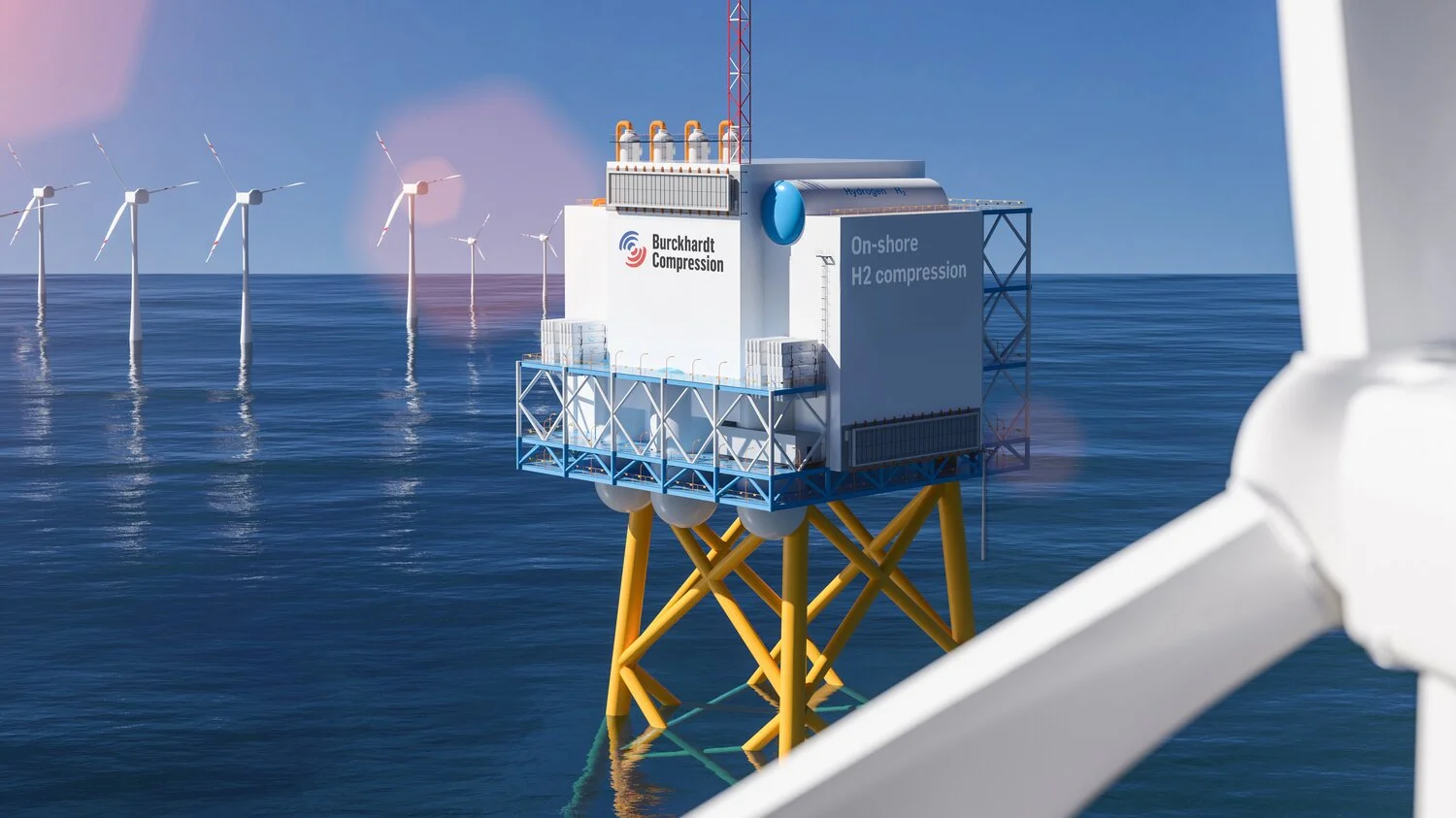 Hydrogen illustration offshore application in a wind park Hydrogen illustration offshore application in a wind park