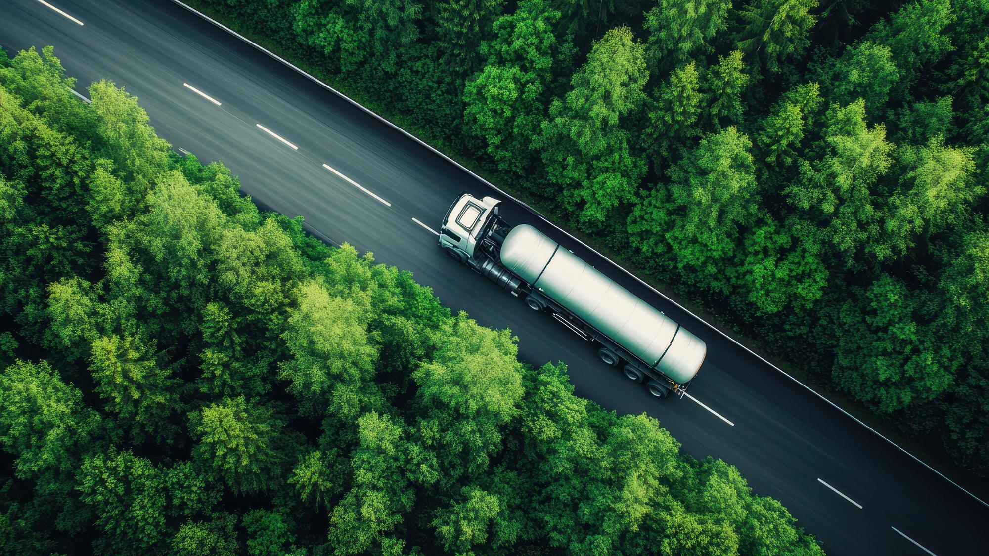 Gas-truck-trailer-on-road-in-green-forest