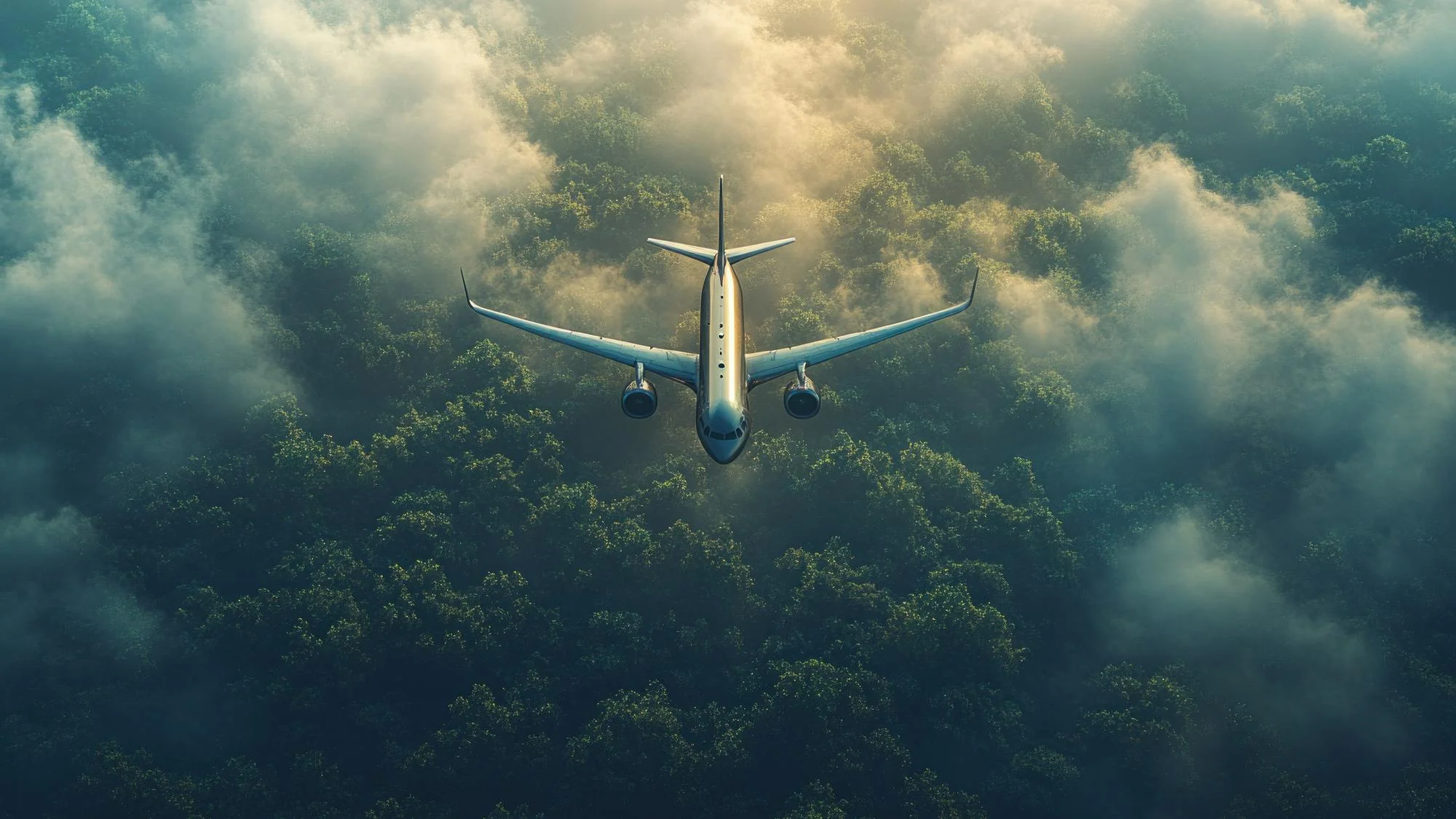 Sustainable aviation airplane over forest